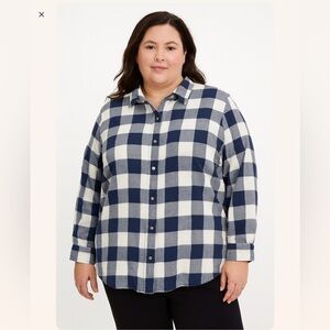 🌲 LL Bean Blue+White Women Plaid Flannel Shirt Cabincore 100% Cotton 2XL Plus